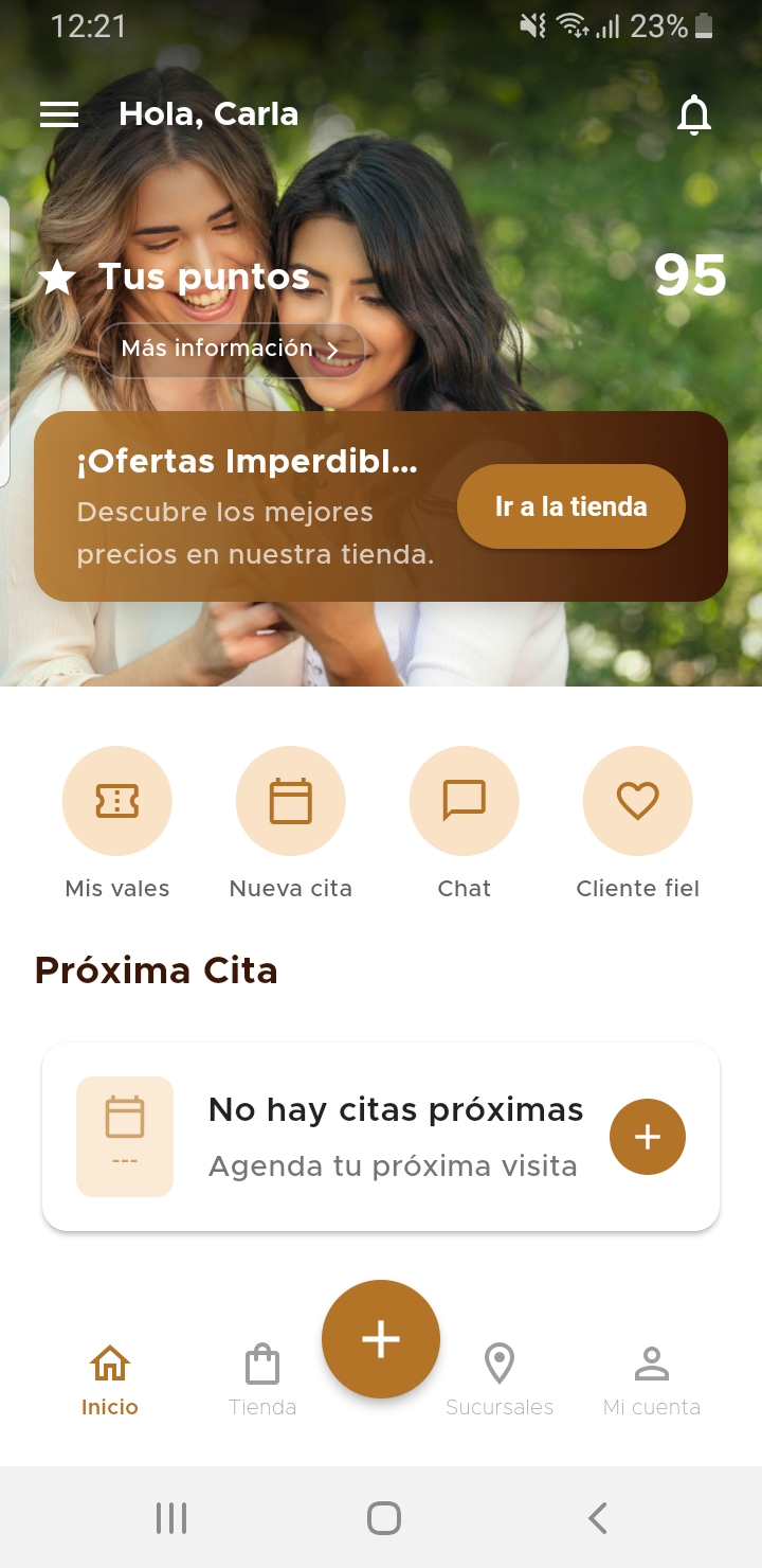 Captura de la pantalla de inicio de Bar de Cejas publicada en Google Play, con acceso a puntos, vales y nuevas citas
